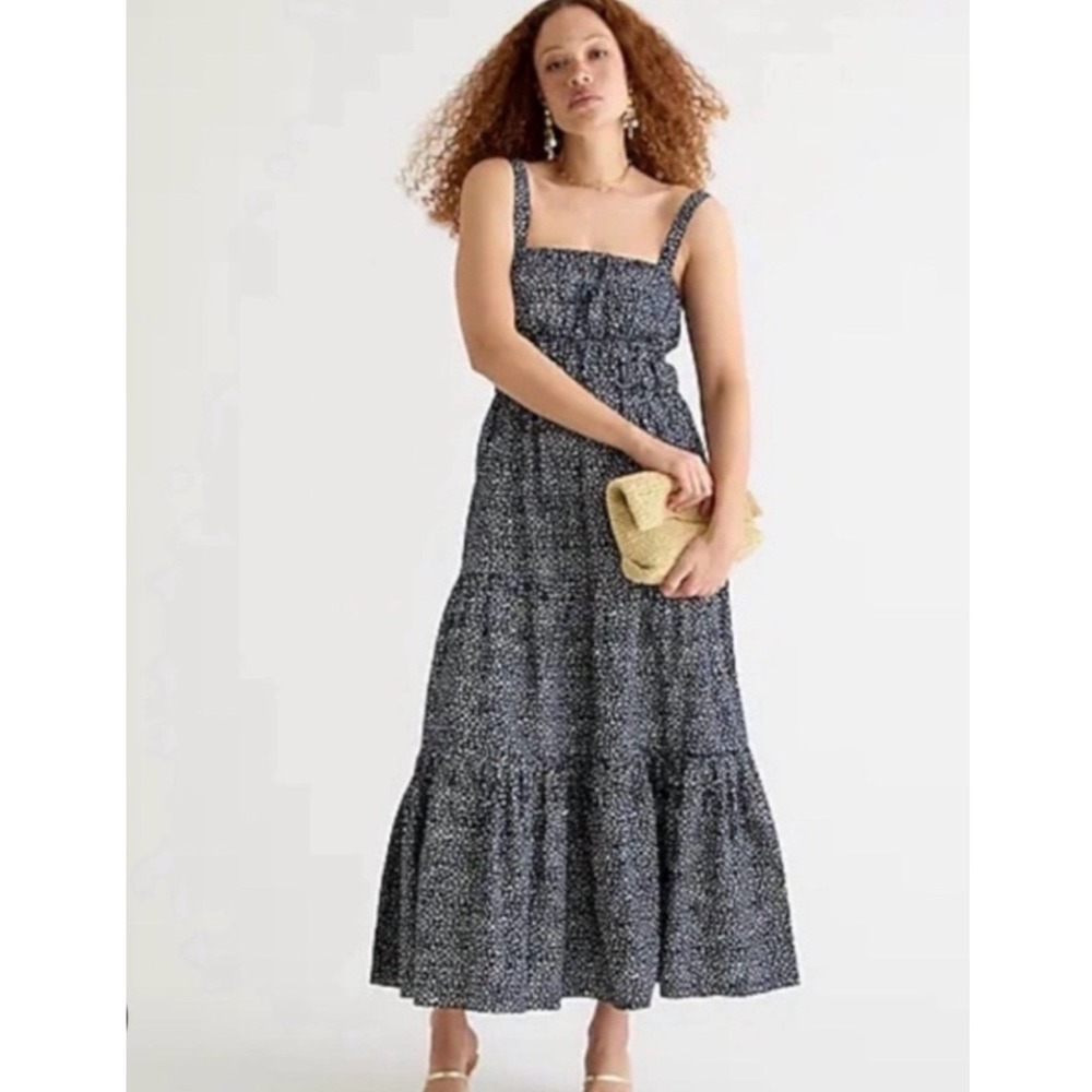 J.Crew Navy Polka Dot Smocked Tiered Maxi Dress XS Cotton Sun Dress